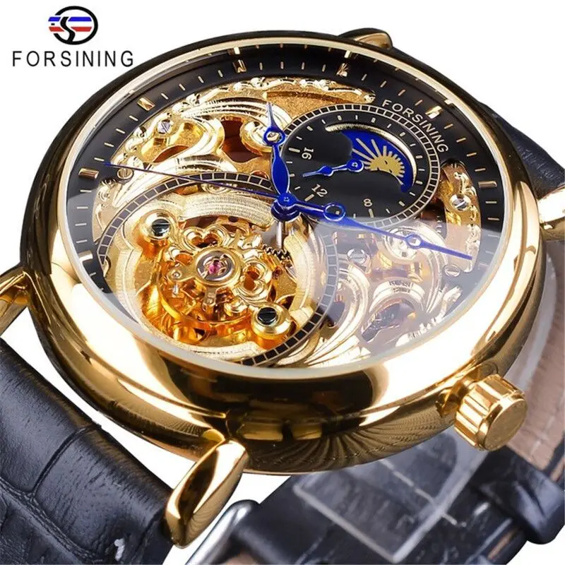 

Forsining Watch Luxury Golden Skeleton Clock Male Fashion Blue Hands Waterproof Men's Automatic Wristwatch Relogio Masculino, 7-color