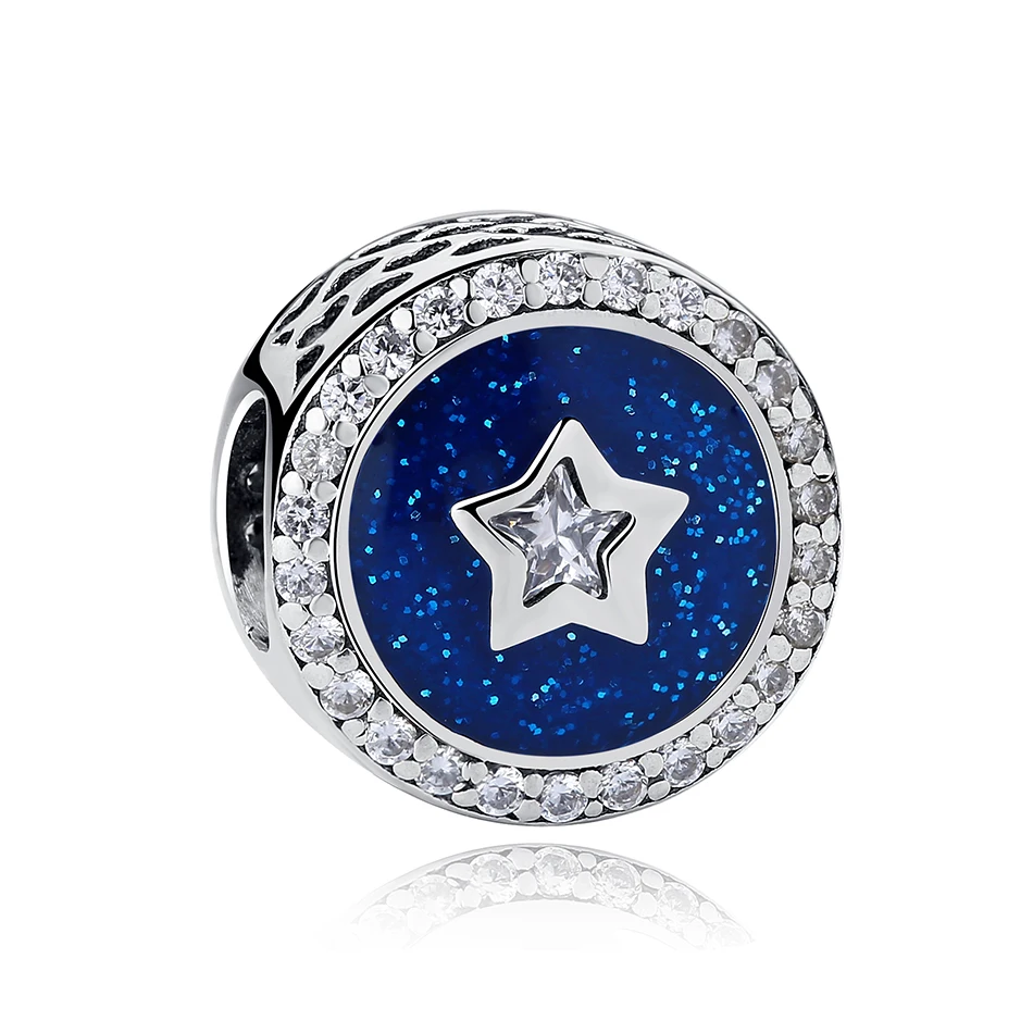 

China Manufacturer 925 Sterling Silver Round Bead Blue Star CZ Crystal Charm Fit Women Original Bracelet DIY Jewelry Making