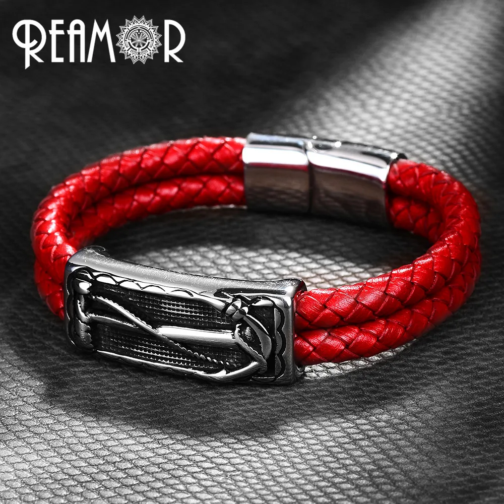 

REAMOR 316L Stainless Steel Red Double Leather Cuff Bracelet Male Trendy Pirate Anchor Bracelets & Bangles Women Men Jewelry