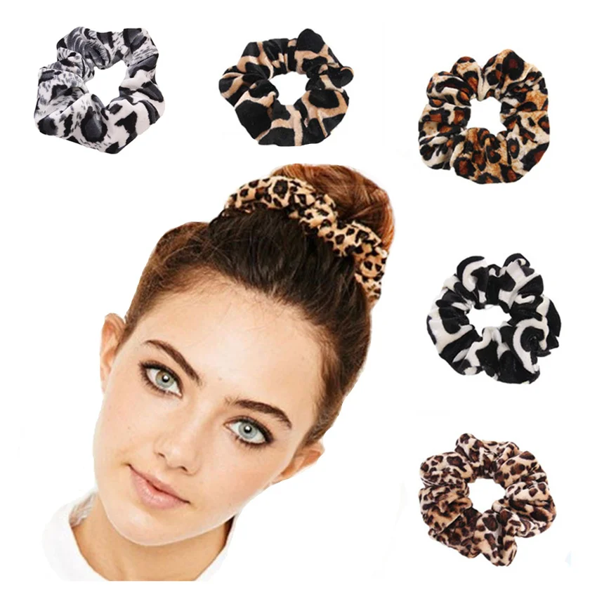 

100 pcs/lot 10 cm Velvet Scrunchies Leopard Printed Hair Scrunchies Bulk Elastic Band Girls Ponytail Holder 5 Colors