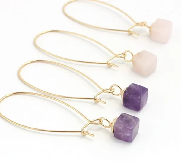 

Brass Hook Pink Square Purple Natural stone quartz crystal Earring, Purple;pink