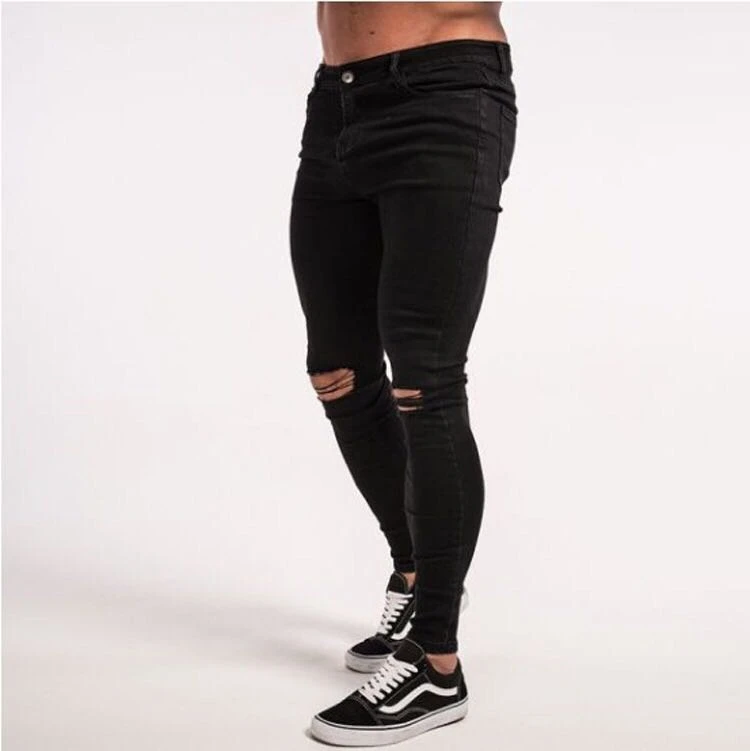 2018 Hot Selling Simple Style Elastic Black Wash Destroyed Skinny Jeans ...