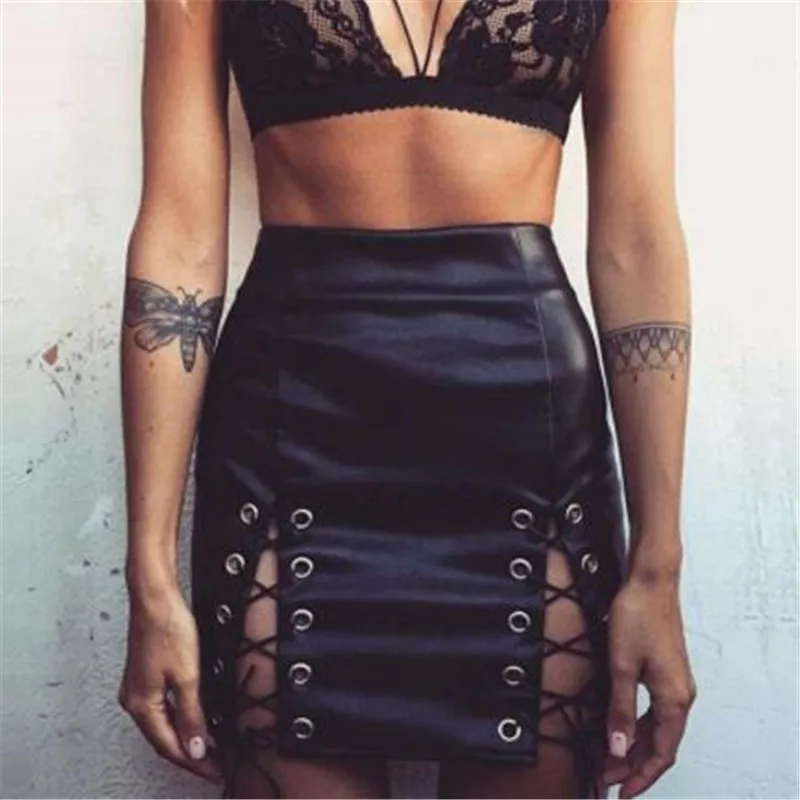 

fashion A-line lace up hip wrapped slim fit high split strappy hort mini pu leather skirts, N/a