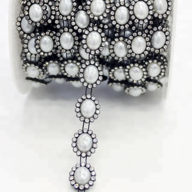 

w004 Factory supply garment pearl beads plastic lace chain pearl rhinestone trim