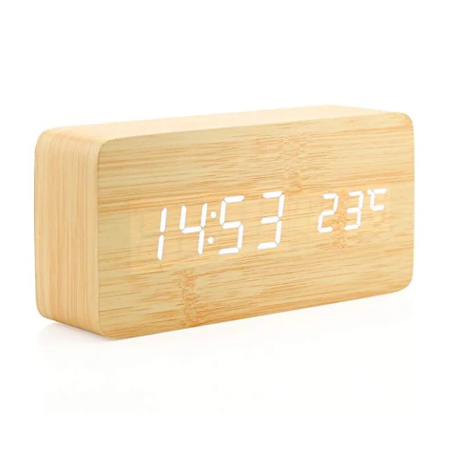 

Time Temperature LED alarm clock bamboo with digital display, Black/white/bamboo/brown/gold/silver/blue