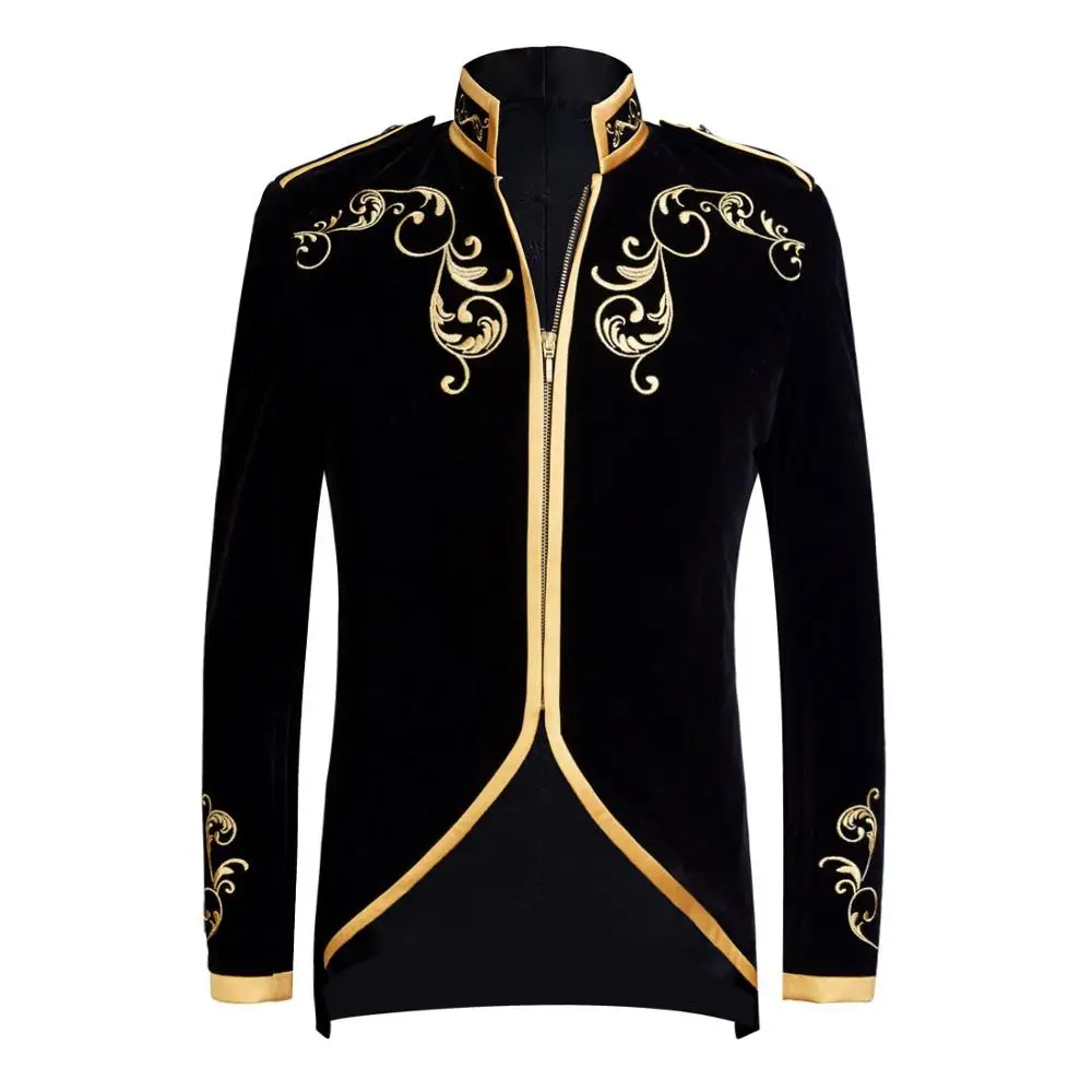 British Style Palace Prince Fashion Black Blue Velvet Gold Embroidery Blazer Wedding Groom Slim Fit Suit Jacket Singers Coat