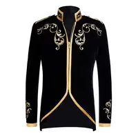 

British Style Palace Prince Fashion Black Blue Velvet Gold Embroidery Blazer Wedding Groom Slim Fit Suit Jacket Singers Coat