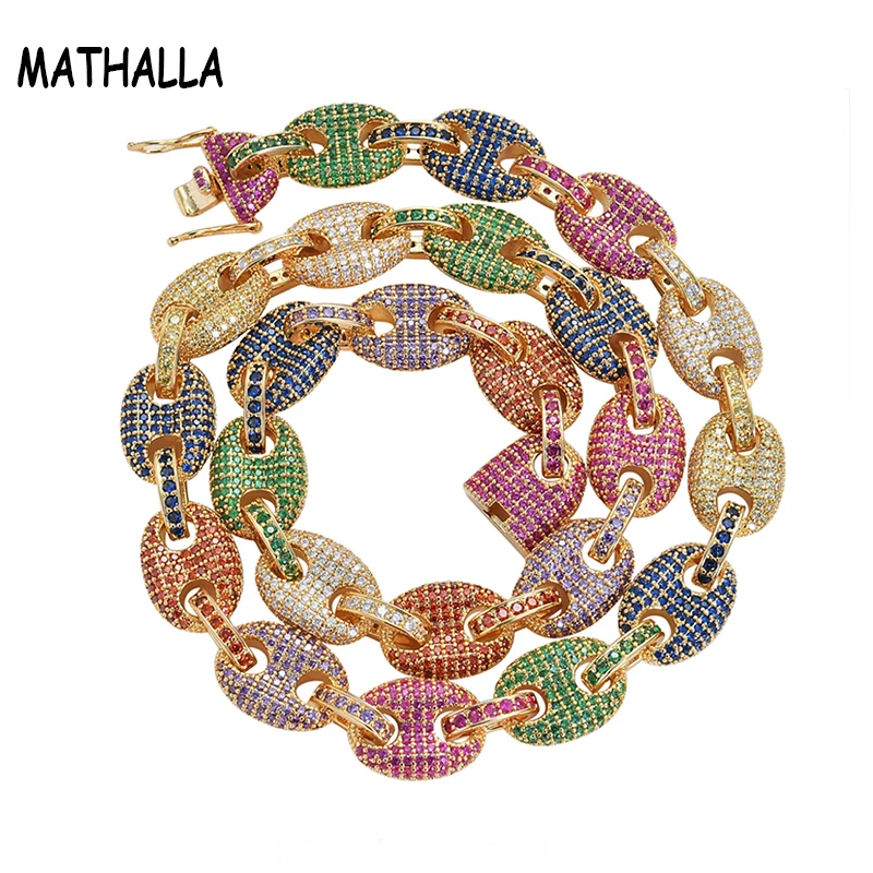 

Bling Bling Men's 12MM Copper Coffee Bean Chain Iced Out Colorful CZ Stone Chain Necklace Hip Hip Jewelry, Gold;silver