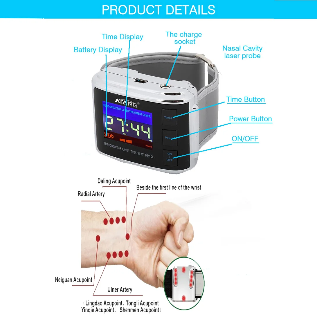 Portable Wrist Laser Watch Home Use 650nm Laser Therapy High Blood
