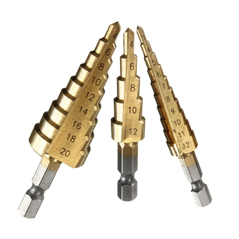 FUT 2-3 Business Days Fast Delivery 3PCS TiTanium HSS Stepped Down Drill Step Drill Bits Set Metric 4-12mm/ 4-20mm/ 3-12mm