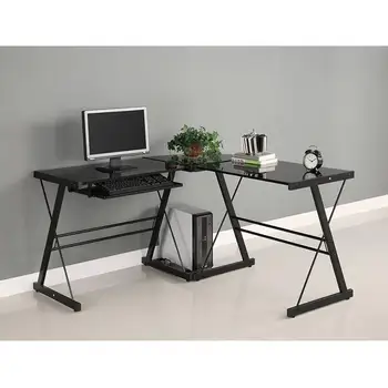 3 Piece Corner Desk Office Computer Desk Black Glass Home Office