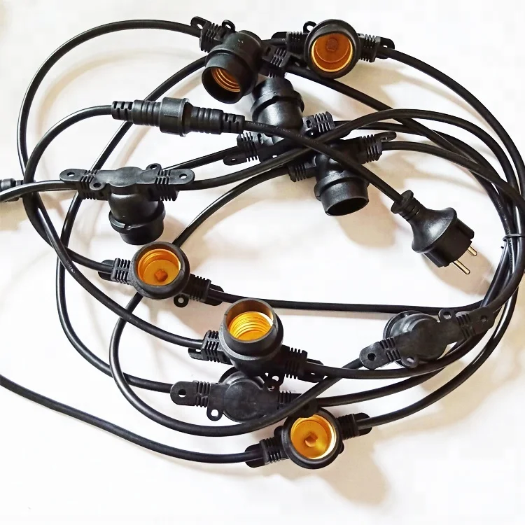 string lights outdoor 24 Ft Heavy Duty Weatherproof Lighting 14 Gauge Black Cable with12 Hanging Sockets