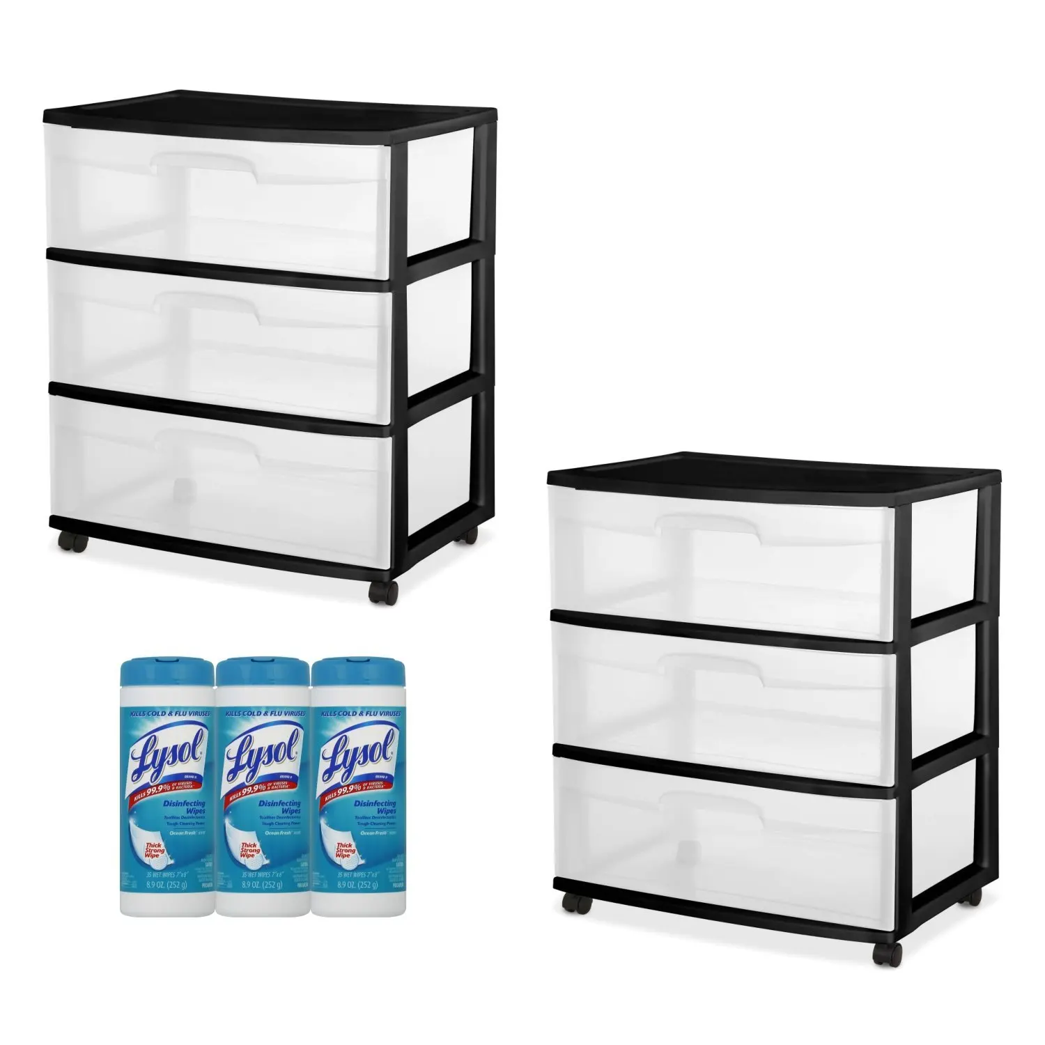 Sterilite 3-Drawer Wide Cart Black Frame with See-Through Drawers, 2-PACK with Lysol Disinfecting Wipes, 105 Count
