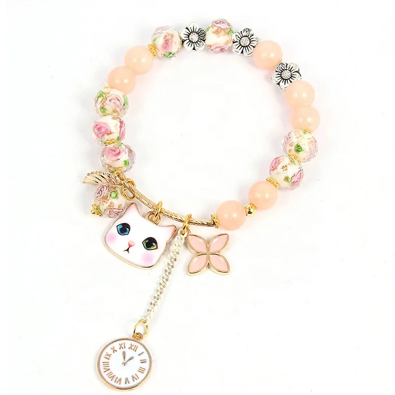 

Fashion Rose Quartz Crystal Beaded Bracelet Bangle Jewelry Cute Pink Cat Flower Clock Charms Bracelet For Women Birthday Gift, Photo