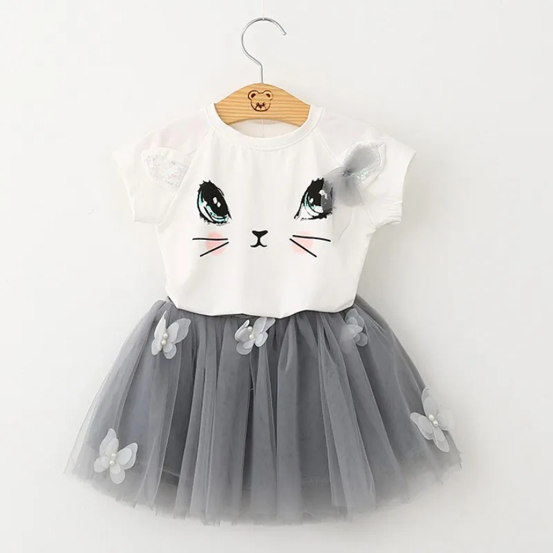 

100-140cm Girls Clothing Sets Summer Fashion Kids Cartoon Kitten Printed T-Shirts+Net Veil Skirts Set Cute Casual EAZ172, Can be customized