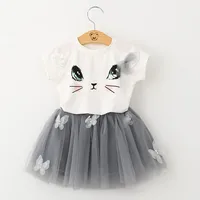 

90-130cm Girls Clothing Sets Summer Fashion Kids Cartoon Kitten Printed T-Shirts+Net Veil Skirts Set Cute Casual EAZ172