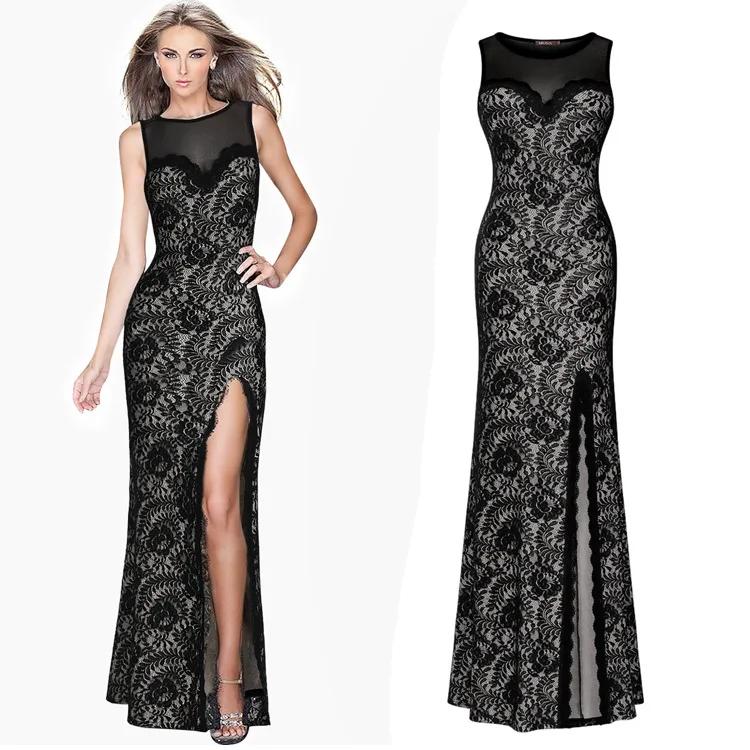 

2017 Evening party women high split frocks sleeveless transparent fashion lady dress black lace women party dress, Black women party dress