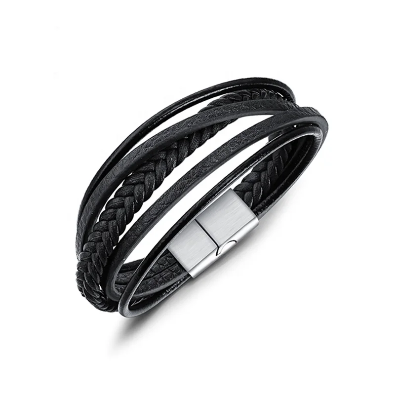 

2018 New Products Black Leather Bracelet With 316L Stainless Steel Buckle Jewelry For Men