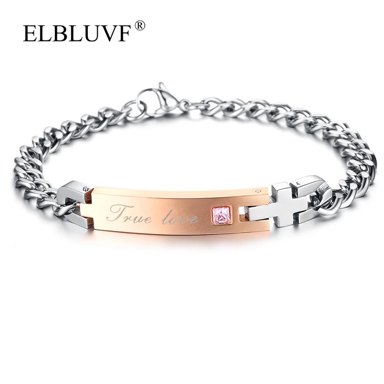 

ELBLUVF Free Shipping Stainless Steel Fashion Jewelry Long Bar Cross Shape Zircon Bracelet, Rose gold , black