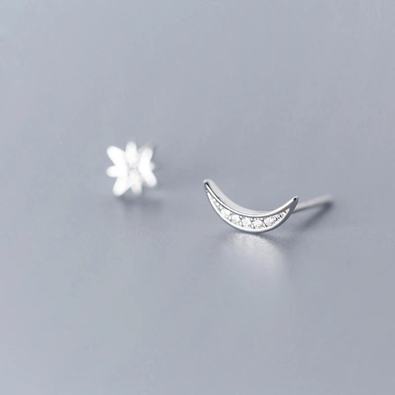 

Asymmetric Diamond Moon 925 Sterling Silver Stud Earrings Gifts Jewelry