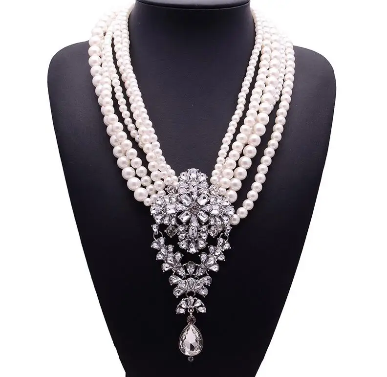 

Big Drop Necklace Fashion Crystal Simulated Pearl Statement Necklace Women Multi Long Chain Jewelry