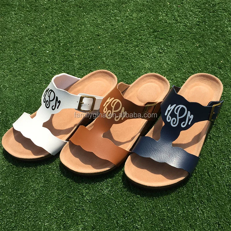 

Women Scalloped Sandals Wholesale Personalized Monogrammed Adjustable Strap Sandals For Women, Black, brown, white