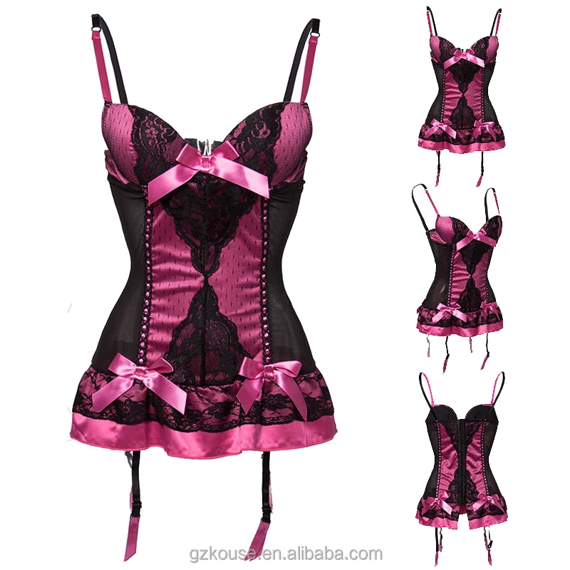 

Rose Red Satin/Black Lace Bra Push Up Corset Baby Doll Sexy Underwear Set