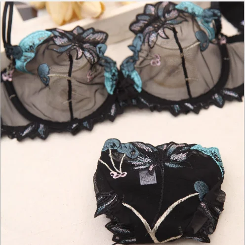 

hot sale women's fancy transparent bra sexy lingerie 3/4 bra and panty set for girl, Black;pink;purple;blue