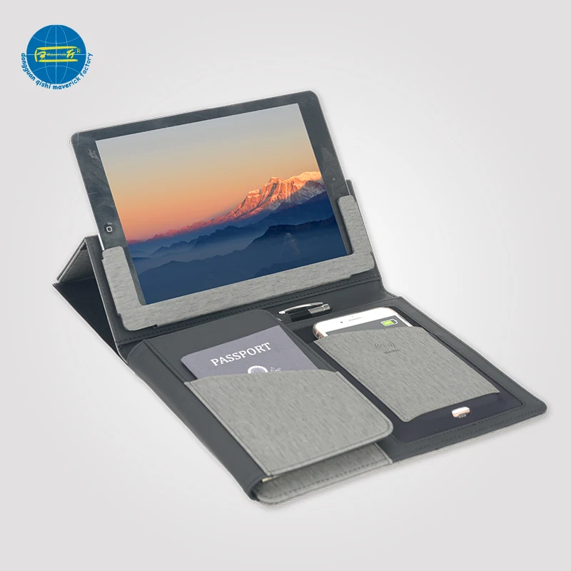 
business leather portfolio with tablet holder and wireless charger 