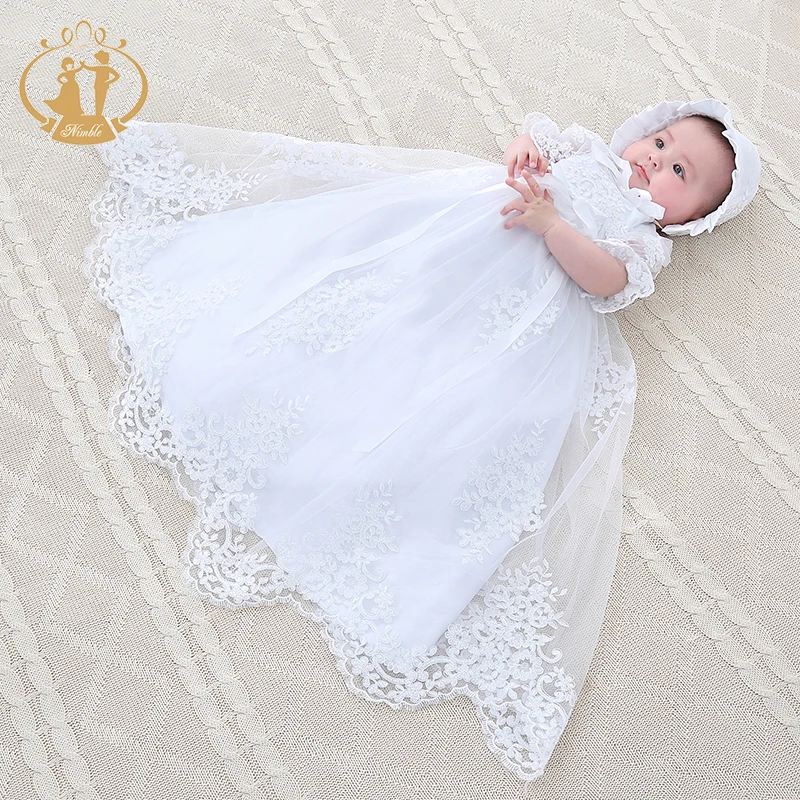 NIMBLE Baby Girl Newborn Christening Long Sleeves Lace Satin Gown Dress 0-9M 