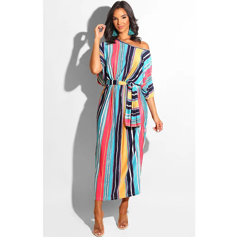 

Skew Neck Batwing Sleeve Striped Maxi Dress With Scarf Item NO: L5126