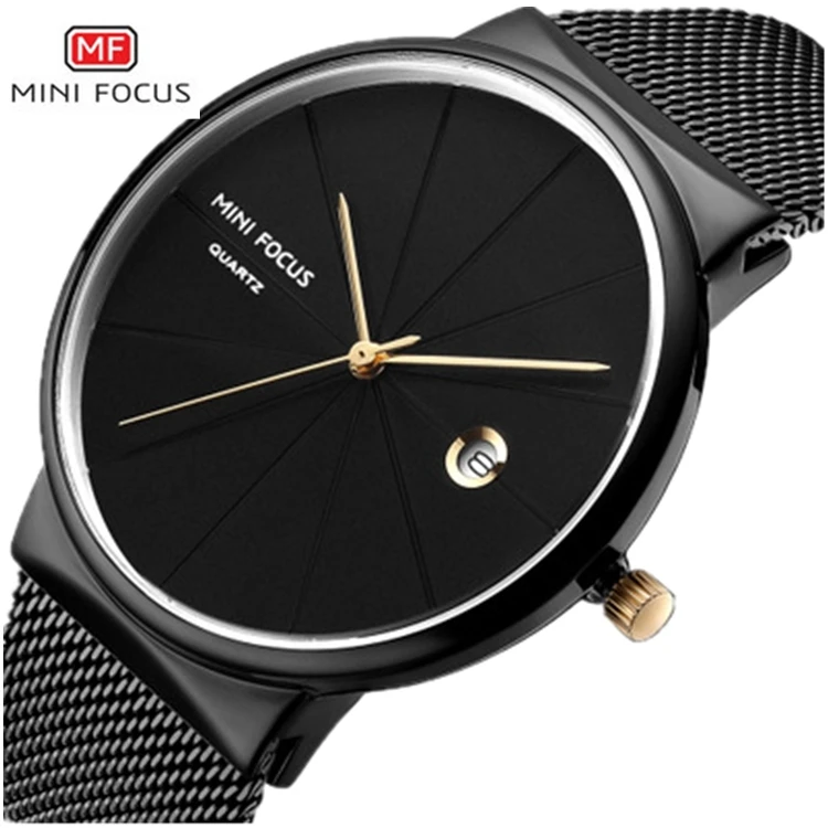 

MINI FOCUS 0176 G Men Watches Luxury Brand Quartz Watch Ultra Thin Blue Mesh Strap Date Display Fashion Concise Wristwatch