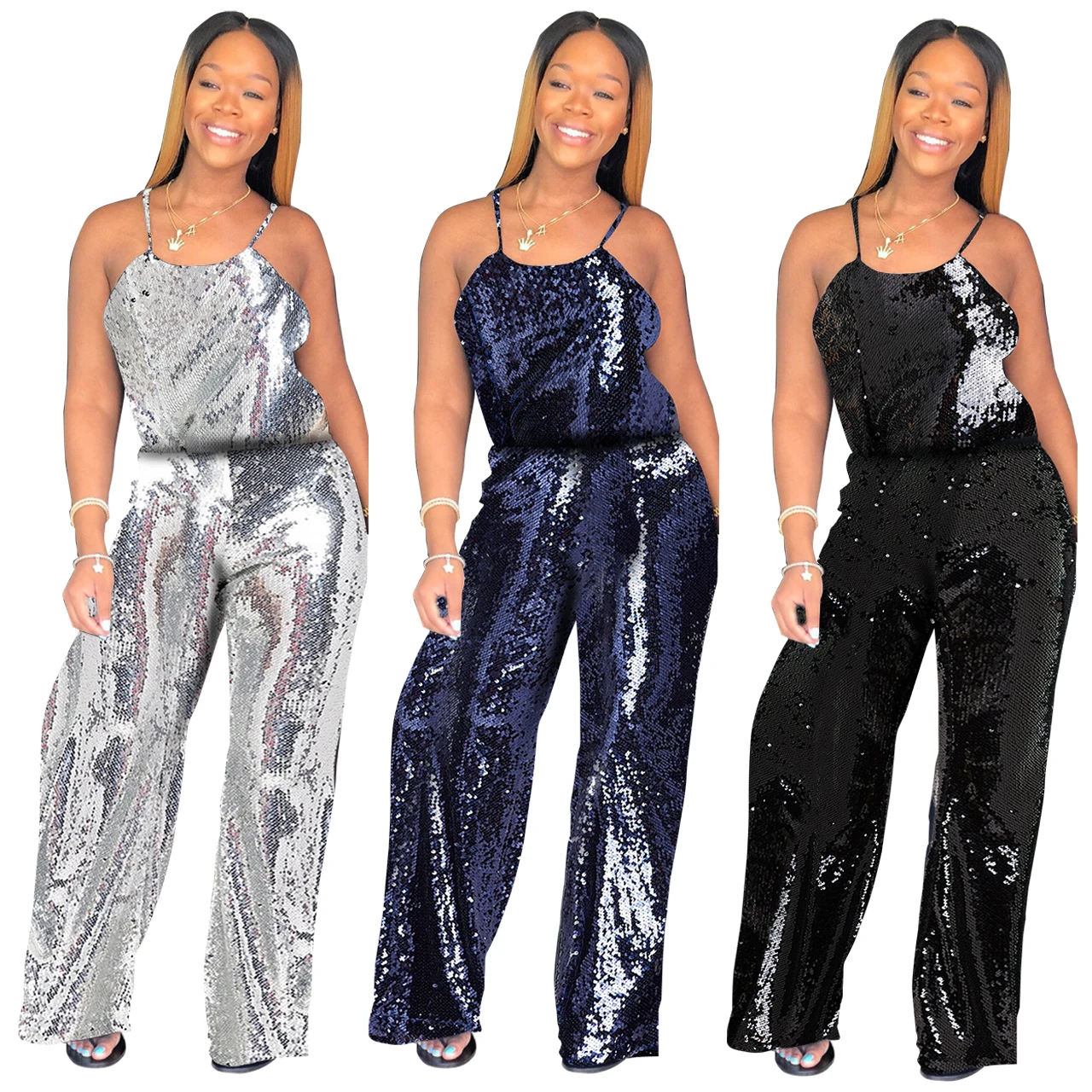 

FM-Q146 Evening jumpsuits 2018 solid color long sequin trouser women pants, Silver;blue;black