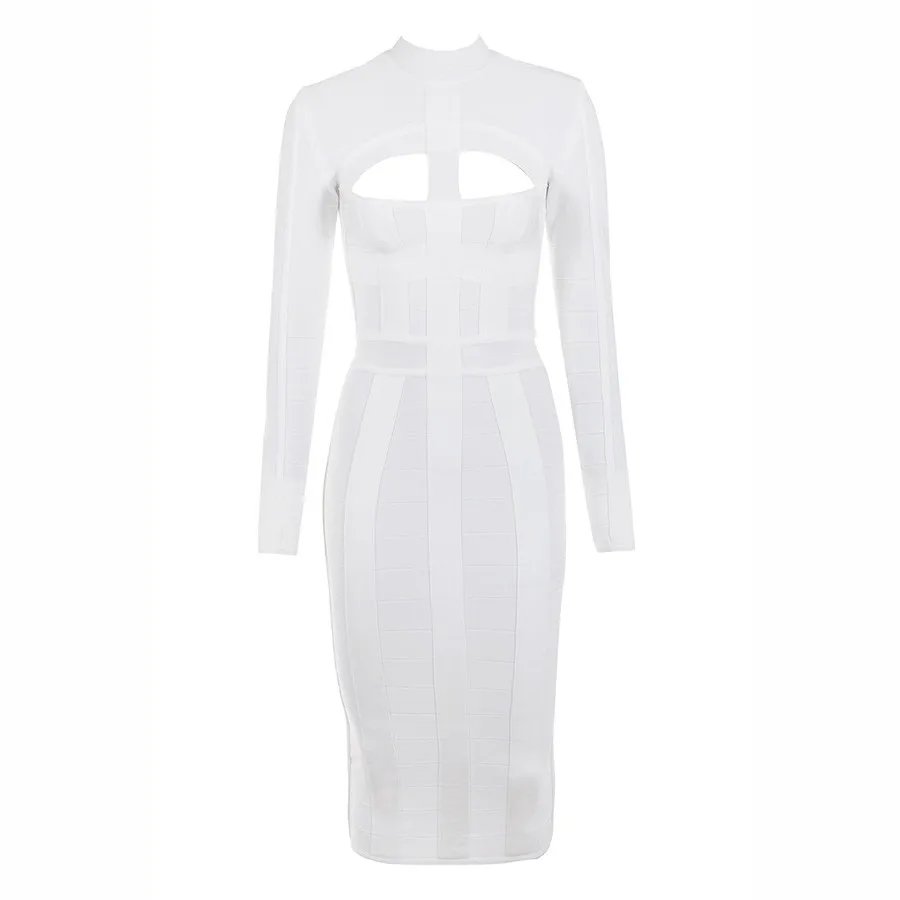 New Arrival Long Sleeve White Rayon Bandage Dress Midi Women Formal ...