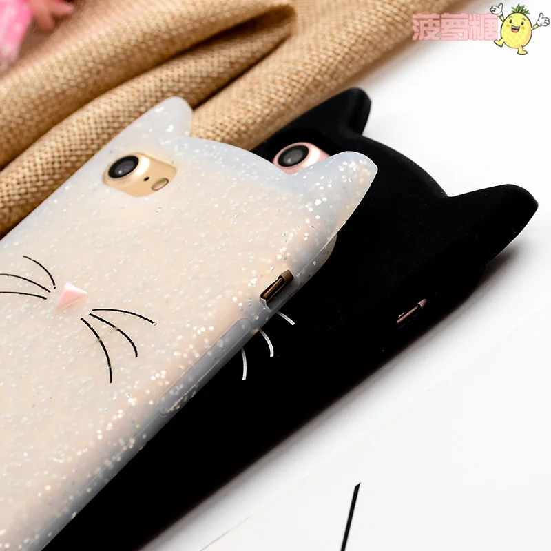 

2021 Japan Cute 3D Glitter Cartoon soft silicon Coque Bearded cat case For iPhone 6 7 4.7 inch 6s 7plus 8 11 12 mini back cover