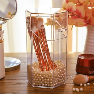 Eco-Friendly luxury clear  storage box for brush Barrel  makeup Organizer acrylic Containing pearls makeup brush holder