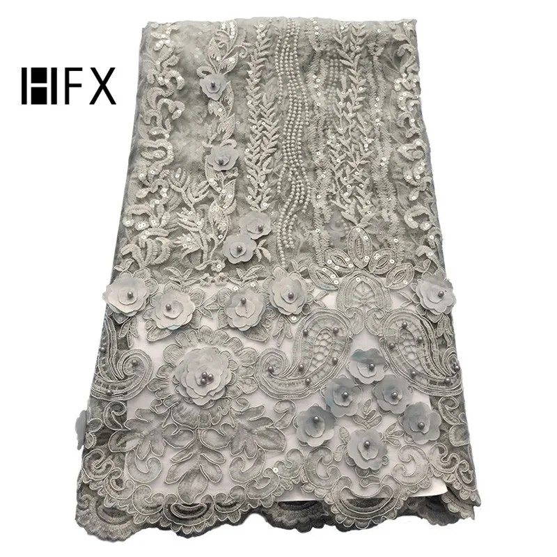 HFX New Arrival 3d Lace Fabric Embroidery Sequin Net Lace 2019 Silver Grey African Lace Fabric with Beads