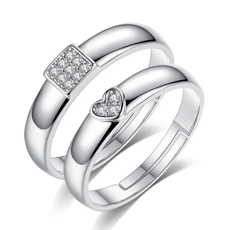 

18K white gold filled Heart and square shaped CZ crystal couple rings, N/a