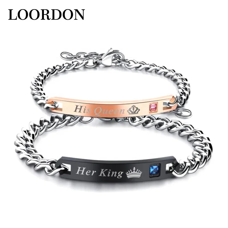 

LOORDON Stock Her King His Queen Couple Bracelets Stainless Steel Crytal Crown Charm Bracelets For Women Men, Customers' request