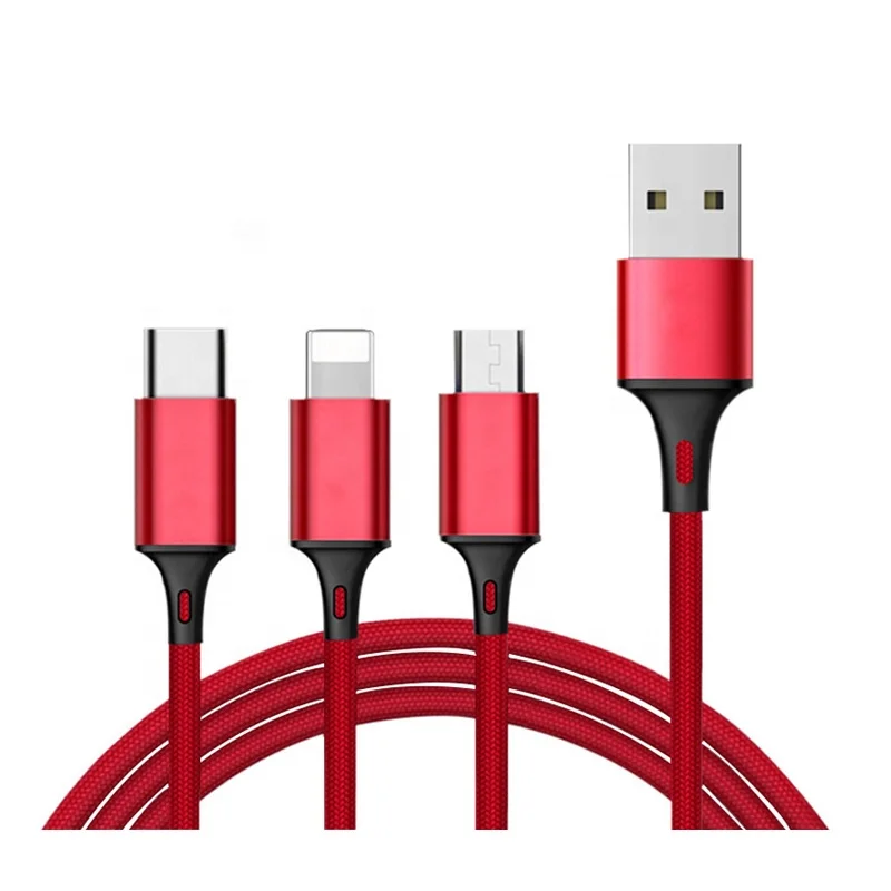 

2.4A Fast Charging Type C USB C 8pin 3 in 1 Micro USB Cable for iPhone Huawei Samsung, Blue;silver;red;black;grey