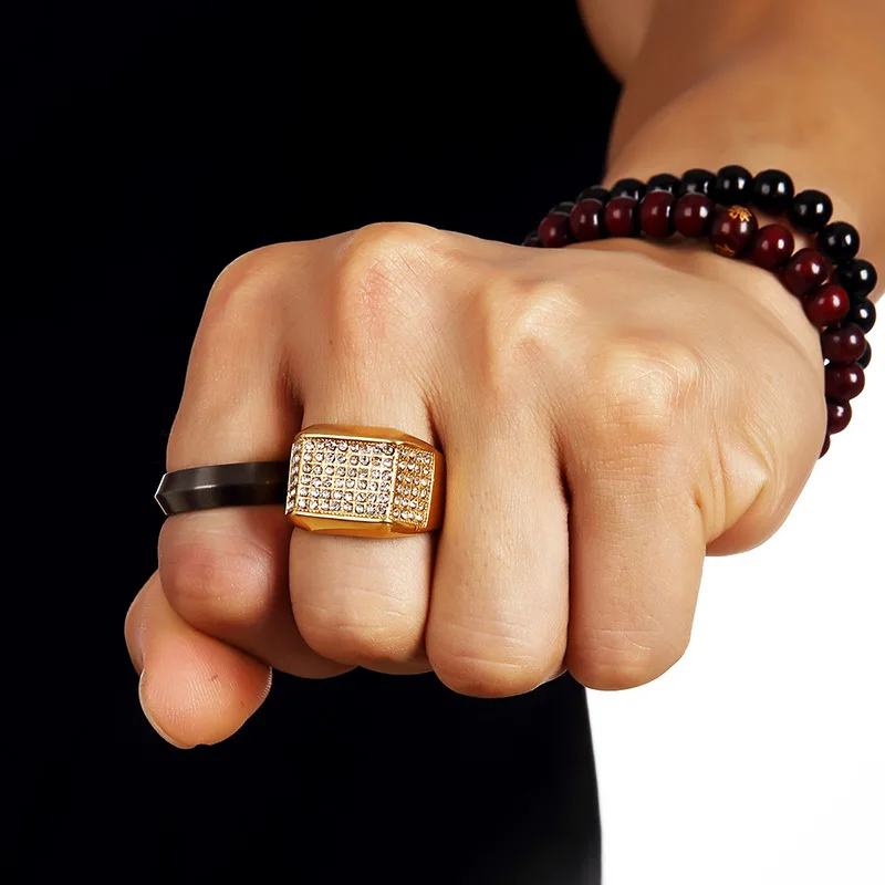 Mens Hiphop Gold Diamond Ring Band Fashion Jewelry