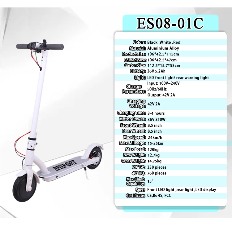 Best Selling Patent Design Factory Price 8.5 Inch 36V 5.2Ah 350W Foldable and CE Certification Electric Kick Scooter