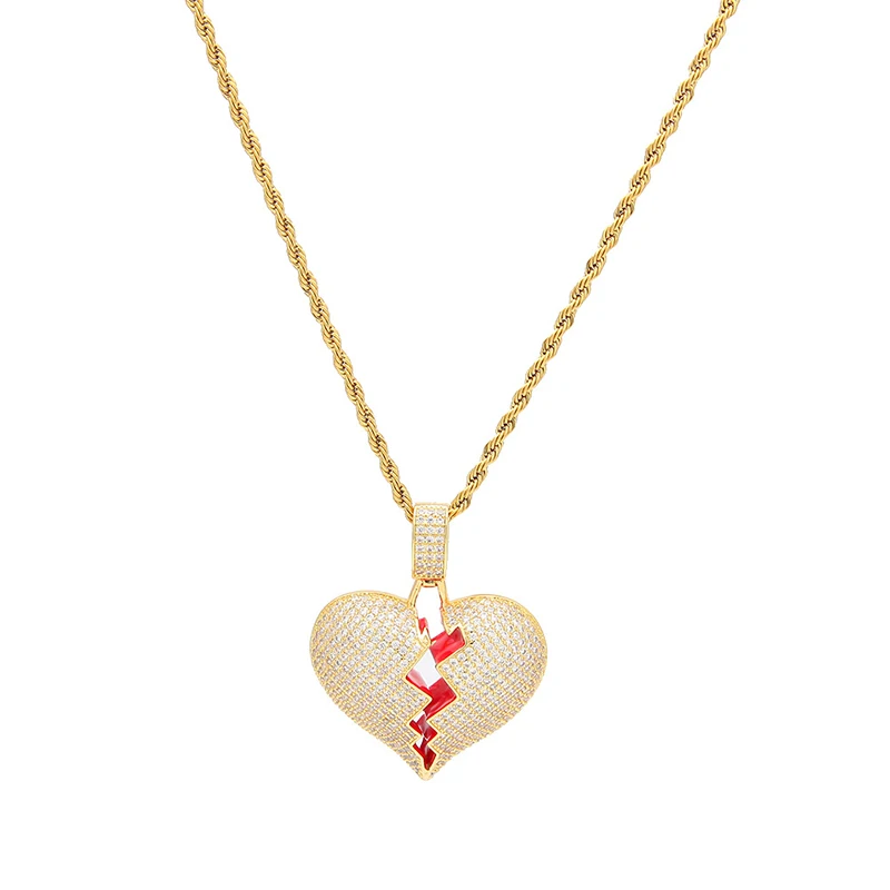 Hiphop bling bling copper Cubic Zirconia iced out charm Broken Heart necklace pendant for mens jewelry