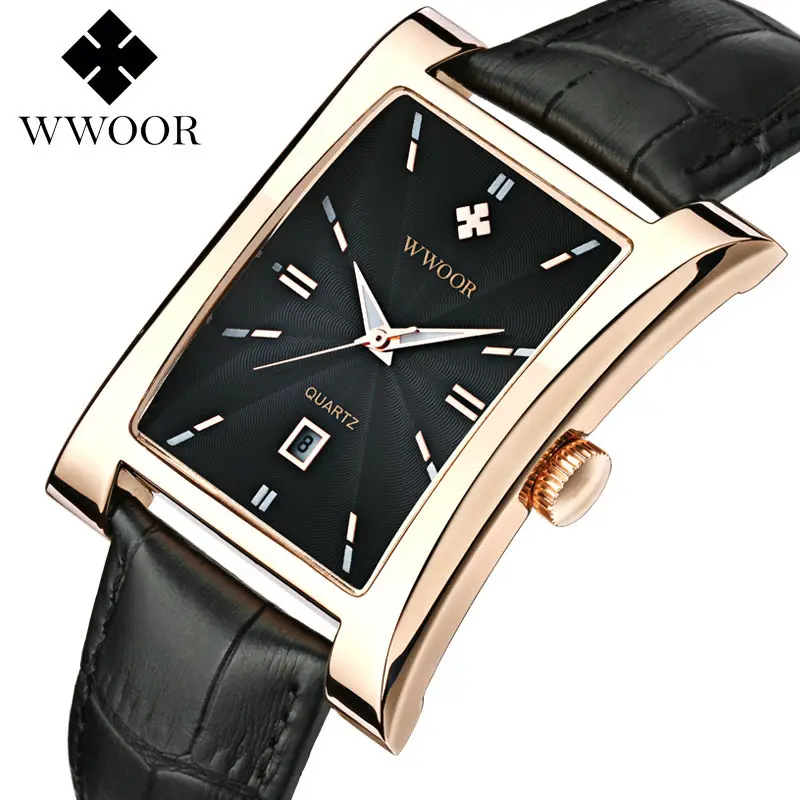 

WWOOR 8017 Men Exquisite Square Shell Dial Waterproof Watch Leather Band Luxury Reloj Hombre Relogio Masculino, 3 color choose