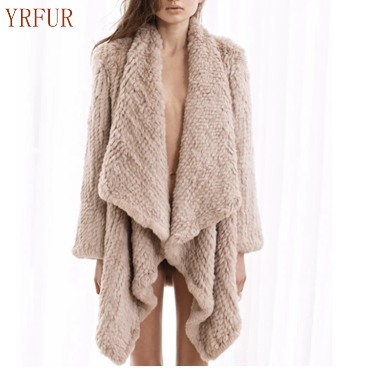 

YR511 Cropped Style Genuine Rabbit Fur Hand Knitted Waterfall Overcoat
