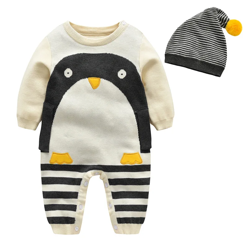 

Super Quality Spring Autumn Winter Baby Rompers Set Outwear Double Deck Warm New Born Baby Jumpsuit Knitted Penguin Baby Clothes, Picture
