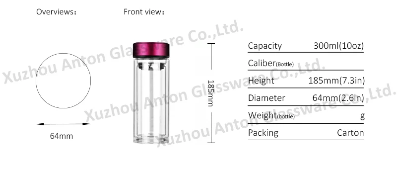 10 oz Double-wall Borosilicate Glass Drinking Water Bottle Tea Thumbler With Aluminum Cap