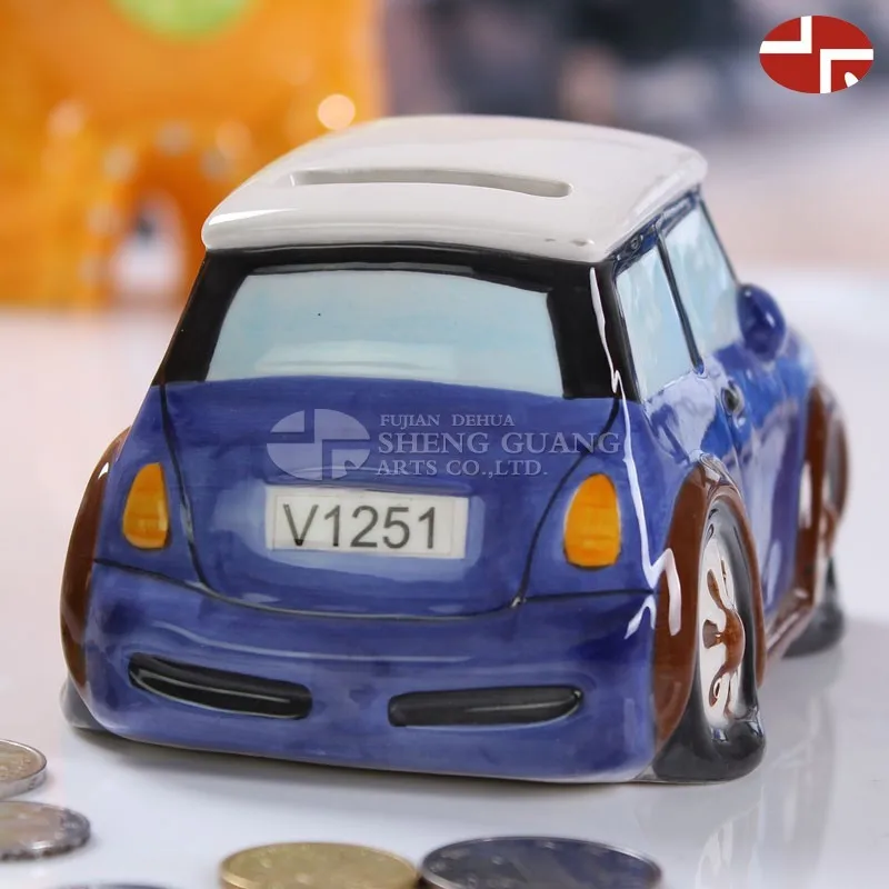 Ceramic car shape design with painting dolomite coin box ,Ceramic money box