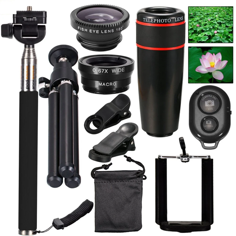 

10 in 1 mobile phone lens kit 12X telescope fisheye 0.67X wide angle 10X marco with tripod smartphone lens, Black;white