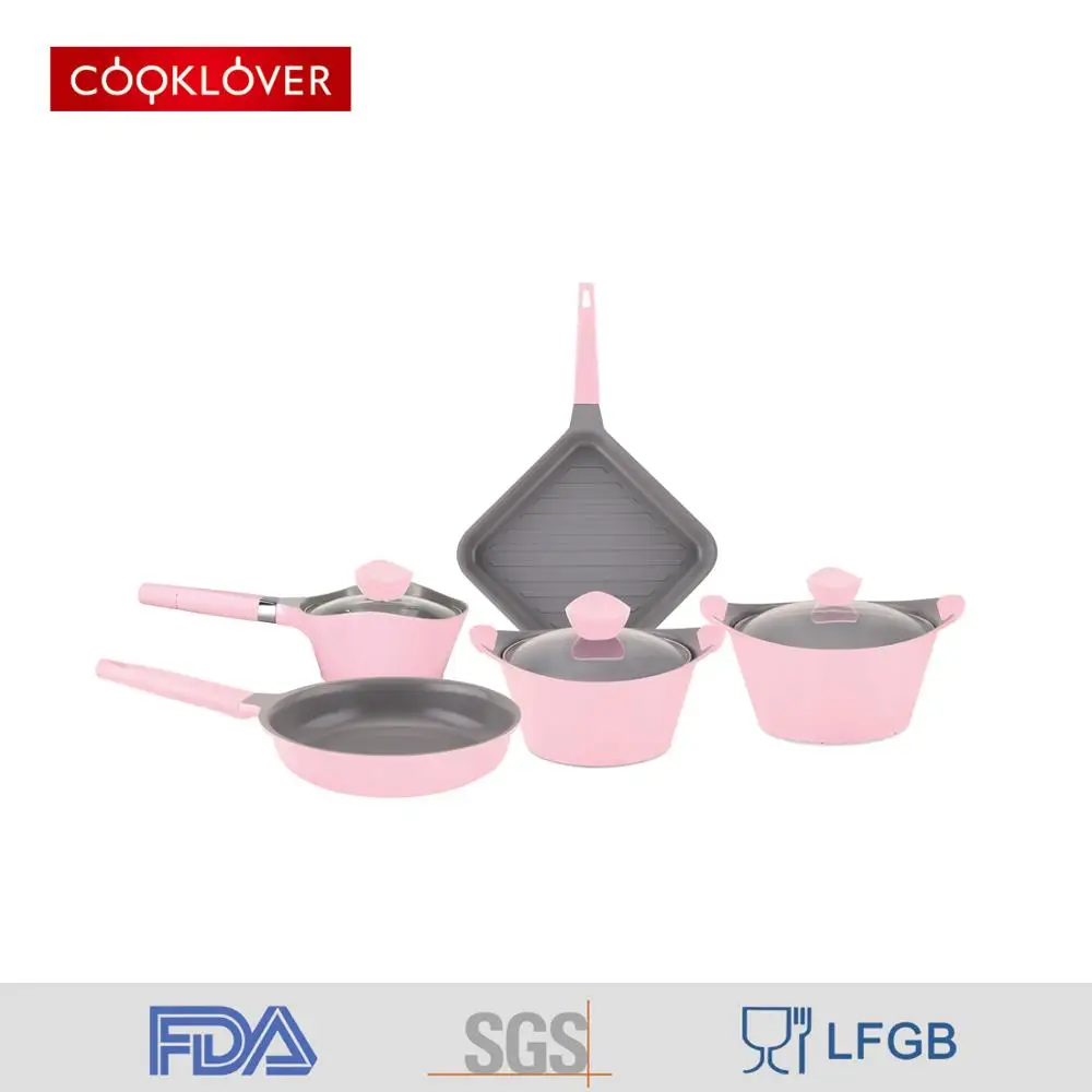 

8pcs die casting aluminum non stick ceramic coating cookware set, Blue/pink